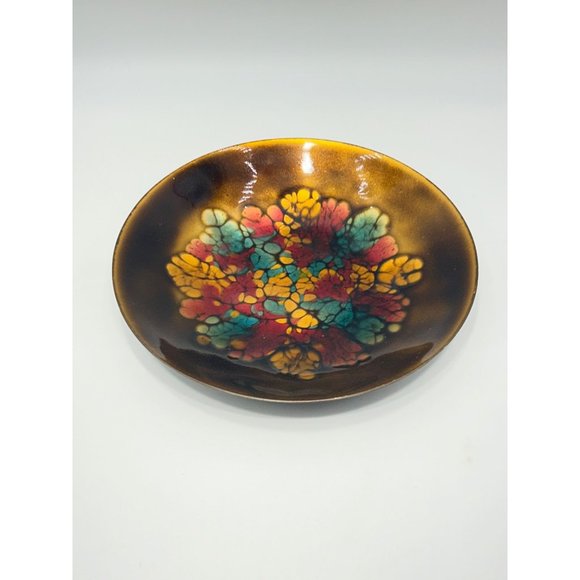 Enamel Over Copper Mid Century Signed Plate Blue Red Gold Round Dish Abstract - Picture 4 of 10